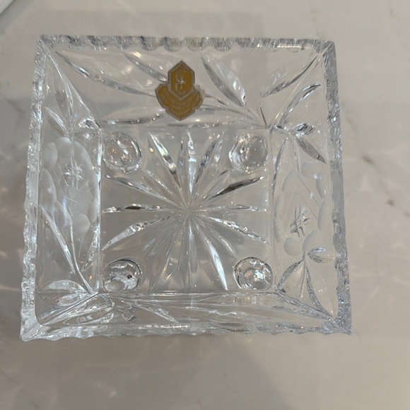 None Other - Vintage Lead Crystal Square Candy/Nut Dish with Floral Etched Design